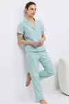 V Yaka Kapama Lastik Bel Su Yeşili Pijama Takımı - Görsel 1