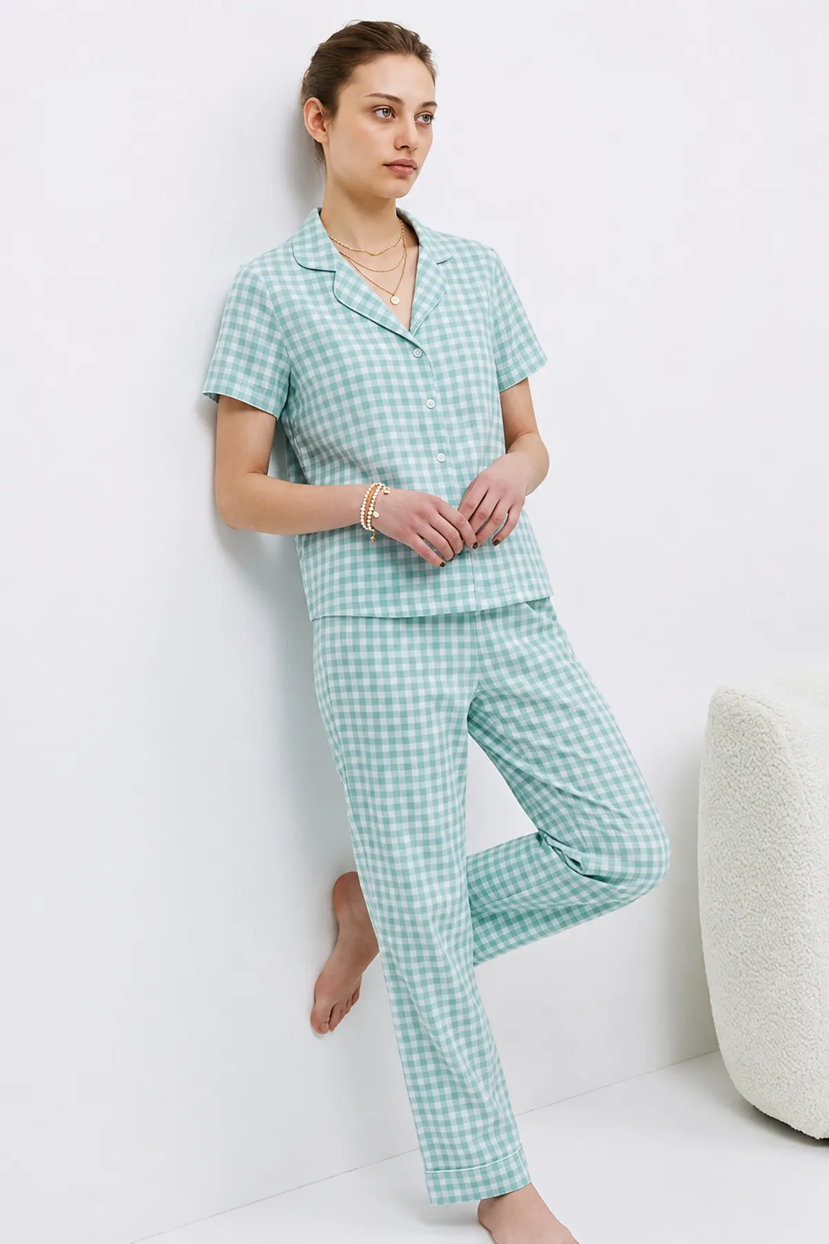 V Yaka Kapama Lastik Bel Su Yeşili Pijama Takımı