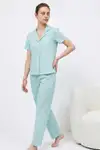 V Yaka Kapama Lastik Bel Su Yeşili Pijama Takımı - Görsel 4