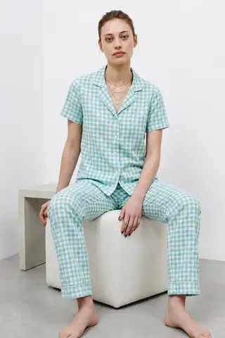 V Yaka Kapama Lastik Bel Su Yeşili Pijama Takımı - 5