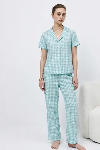 V Yaka Kapama Lastik Bel Su Yeşili Pijama Takımı - 6