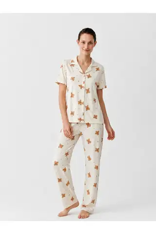 Regular V Yaka Günlük Kırık Beyaz Pijama Takımı - 1