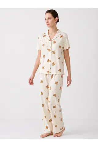 Regular V Yaka Günlük Kırık Beyaz Pijama Takımı - 2