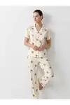 Regular V Yaka Günlük Kırık Beyaz Pijama Takımı - Görsel 3