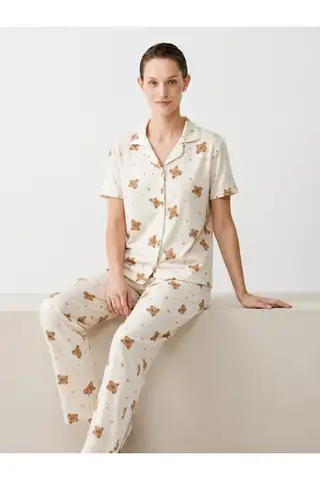 Regular V Yaka Günlük Kırık Beyaz Pijama Takımı - 4