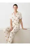 Regular V Yaka Günlük Kırık Beyaz Pijama Takımı - Görsel 4