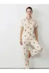 Regular V Yaka Günlük Kırık Beyaz Pijama Takımı - Görsel 5