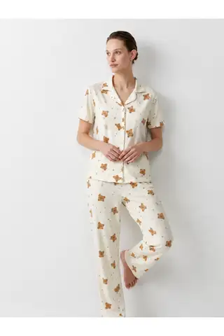 Regular V Yaka Günlük Kırık Beyaz Pijama Takımı - 6