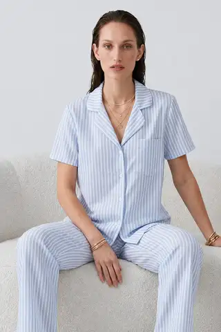 Regular V Yaka Günlük Kırık Beyaz Pijama Takımı - 7