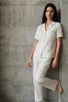 V Yaka Düğmeli Casual Kar Beyaz Pijama Takımı - Görsel 2
