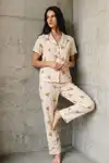 V Yaka Düğmeli Casual Kar Beyaz Pijama Takımı - Görsel 11