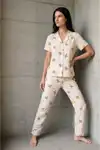 V Yaka Düğmeli Casual Kar Beyaz Pijama Takımı - Görsel 12