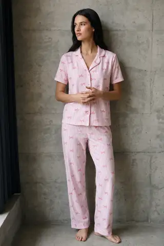 V Yaka Düğmeli Casual Kar Beyaz Pijama Takımı - 15