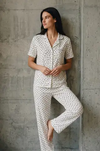 V Yaka Düğmeli Casual Kar Beyaz Pijama Takımı - 5