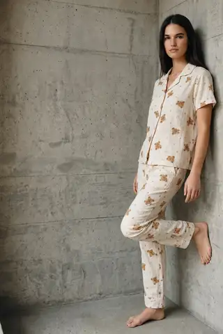 V Yaka Düğmeli Casual Kar Beyaz Pijama Takımı - 7