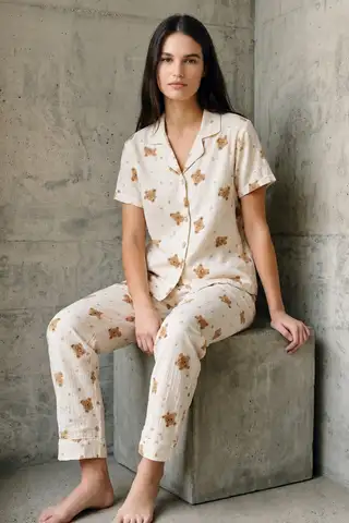 V Yaka Düğmeli Casual Kar Beyaz Pijama Takımı - 8