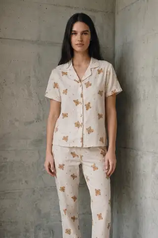 V Yaka Düğmeli Casual Kar Beyaz Pijama Takımı - 9