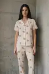 V Yaka Düğmeli Casual Kar Beyaz Pijama Takımı - Görsel 9