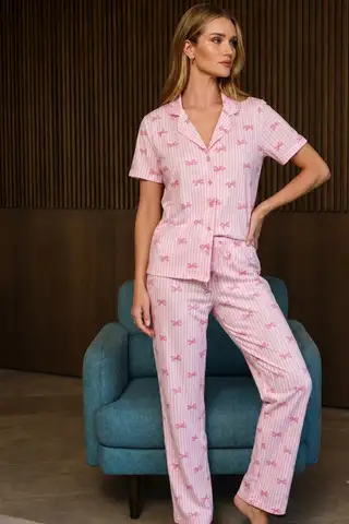 Bol Kesim V Yaka Örme Pembe Pijama Takımı - 1