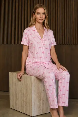 Bol Kesim V Yaka Örme Pembe Pijama Takımı - 2