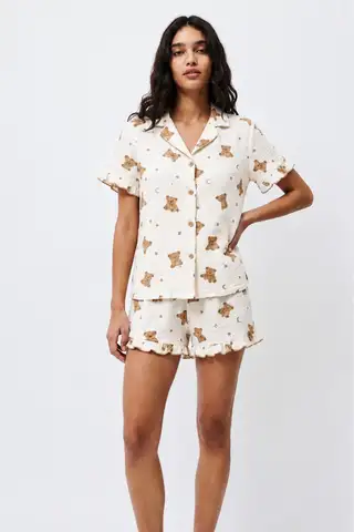 Kadın Desenli Trend Kar Beyaz Pijama Takımı - 1