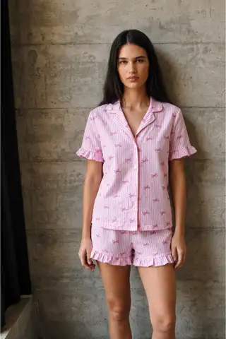 Kadın V Yaka Comfort Fit Pembe Pijama Takımı - 1
