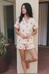 Kadın Esnek Şortlu Bol Beyaz Pijama Takımı - Görsel 16