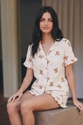 Kadın Esnek Şortlu Bol Beyaz Pijama Takımı - 18