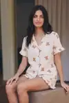 Kadın Esnek Şortlu Bol Beyaz Pijama Takımı - Görsel 18