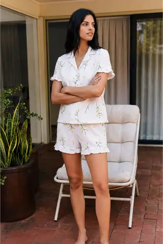 Kadın Esnek Şortlu Bol Beyaz Pijama Takımı - 20