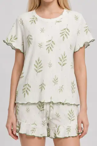 Su Yeşili Yaprak Desenli Pijama Takımı 4650-Yeşil - 1