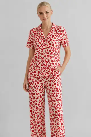 Kırmızı Leopar Desenli Bürümcük Kumaş Pijama Takımı 4644-Beyaz - 2