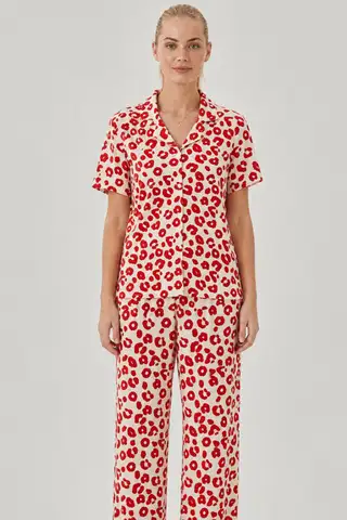 Kırmızı Leopar Desenli Bürümcük Kumaş Pijama Takımı 4644-Beyaz - 4