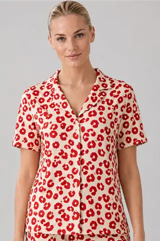 Kırmızı Leopar Desenli Bürümcük Kumaş Pijama Takımı 4644-Beyaz - 5