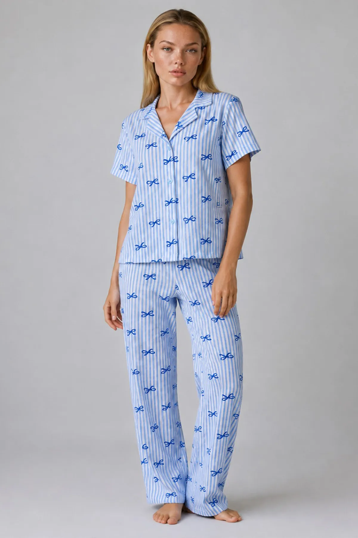 Mavi Kurdele Desenli Çizgili Bürümcük Pijama Takımı 4645-Mavi
