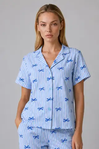 Mavi Kurdele Desenli Çizgili Bürümcük Pijama Takımı 4645-Mavi - 2