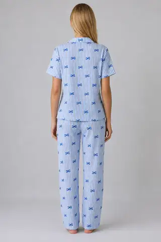 Mavi Kurdele Desenli Çizgili Bürümcük Pijama Takımı 4645-Mavi - 3