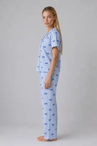 Mavi Kurdele Desenli Çizgili Bürümcük Pijama Takımı 4645-Mavi - 4