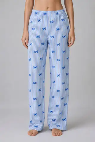 Mavi Kurdele Desenli Çizgili Bürümcük Pijama Takımı 4645-Mavi - 5