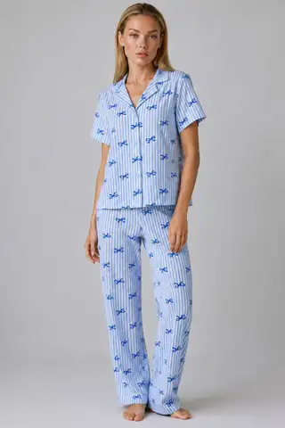 Mavi Kurdele Desenli Çizgili Bürümcük Pijama Takımı 4645-Mavi - 6
