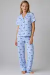 Mavi Kurdele Desenli Çizgili Bürümcük Pijama Takımı 4645-Mavi - Görsel 6