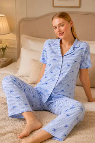 Mavi Kurdele Desenli Çizgili Bürümcük Pijama Takımı 4645-Mavi - 7