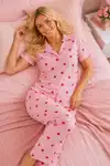 Çizgili Kalp Desenli Bürümcük Kumaş Pijama Takımı 4643-Pembe - Görsel 4