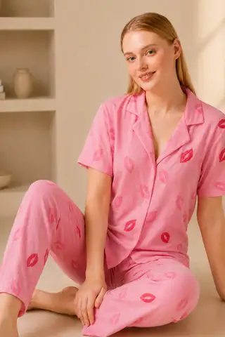 Dudak Desenli Pijama Takımı 4646-Pembe - 4