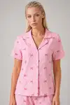 Ekose Fiyonk Desenli Şortlu Pijama Takımı Kadın Kısa Kollu Düğmeli Yazlık rahat Pembe Pijama Takımı 4634 - Görsel 1
