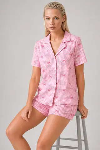 Ekose Fiyonk Desenli Şortlu Pijama Takımı Kadın Kısa Kollu Düğmeli Yazlık rahat Pembe Pijama Takımı 4634 - 2