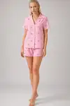 Ekose Fiyonk Desenli Şortlu Pijama Takımı Kadın Kısa Kollu Düğmeli Yazlık rahat Pembe Pijama Takımı 4634 - Görsel 3