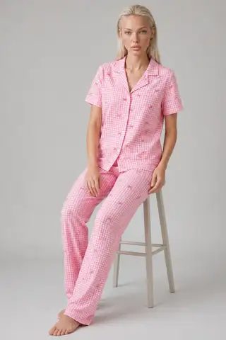 Ekose Fiyonk Desenli Kısa Kollu Pijama Takımı Kadın Düğmeli Uzun Alt Pembe Pijama Takımı 4633 - 1