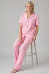 Ekose Fiyonk Desenli Kısa Kollu Pijama Takımı Kadın Düğmeli Uzun Alt Pembe Pijama Takımı 4633 - Görsel 1