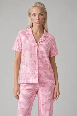 Ekose Fiyonk Desenli Kısa Kollu Pijama Takımı Kadın Düğmeli Uzun Alt Pembe Pijama Takımı 4633 - 2